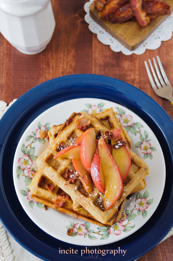 Whole wheat bacon waffles with baked pears