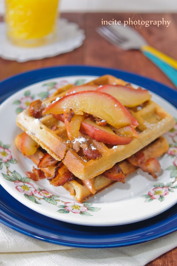 Whole wheat bacon waffles with baked pears