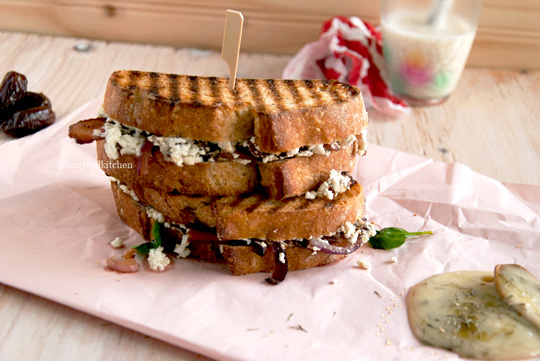 Grilled goat cheese sandwich with bacon and dates