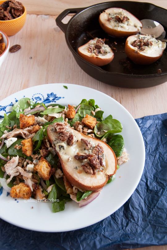 Roasted gorgonzola pears with farro salad