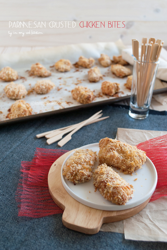 Parmesan crusted chicken bites | in my Red Kitchen