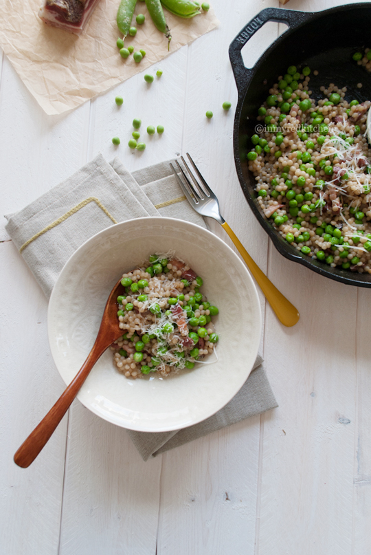 Fregola with peas, pancetta and truffle
