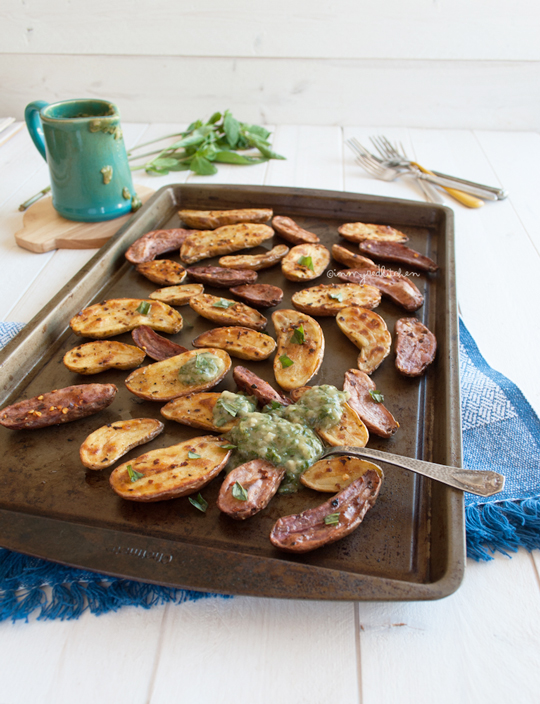Spicy roasted potatoes with Thai basil cream sauce