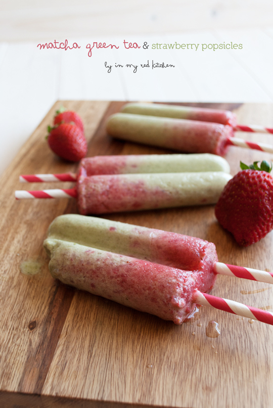 Green tea & strawberry popsicles, a great dairy free snack! | in my Red Kitchen