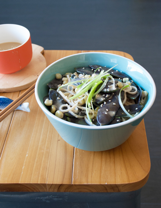 Noodles with snow peas and goma dare dressing