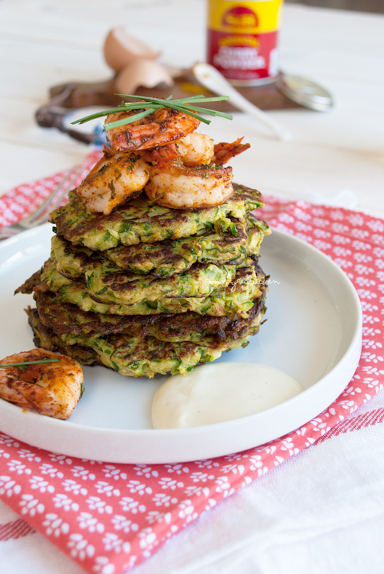 Curried zucchini fritters with spicy shrimp