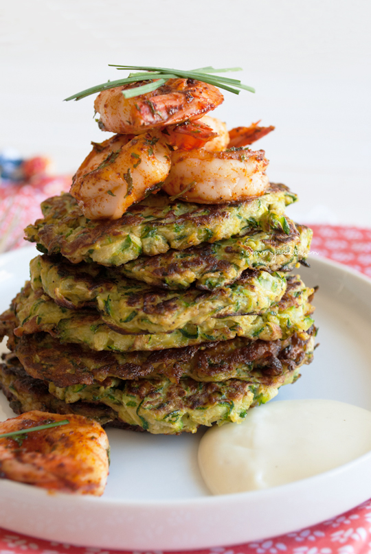 Curried zucchini fritters with spicy shrimp