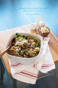 Roasted Brussels sprouts with parmesan cheese and almonds, perfect side dish for the holidays! | in my Red Kitchen