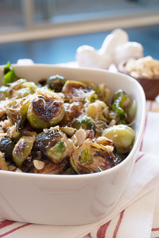 Roasted Brussels sprouts with parmesan cheese and almonds, perfect side dish for the holidays! | in my Red Kitchen