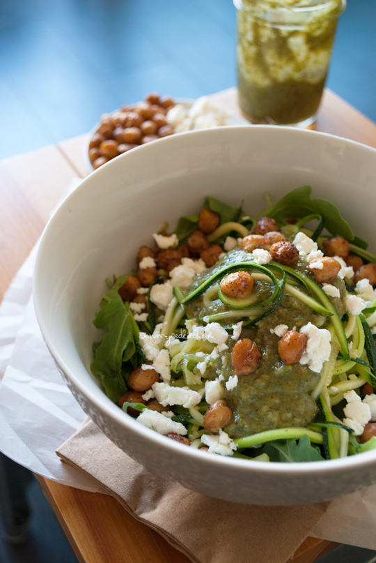 Zucchini noodles with crispy chickpeas