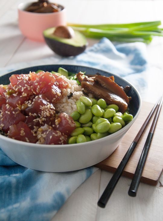 Tuna poke bowl with pickled shiitakes